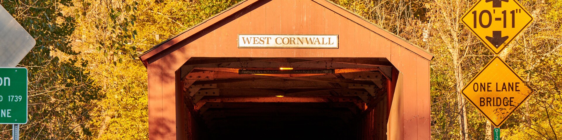 Covered bridge along scenic Route 7 in West Cornwall, Connecticut, USA