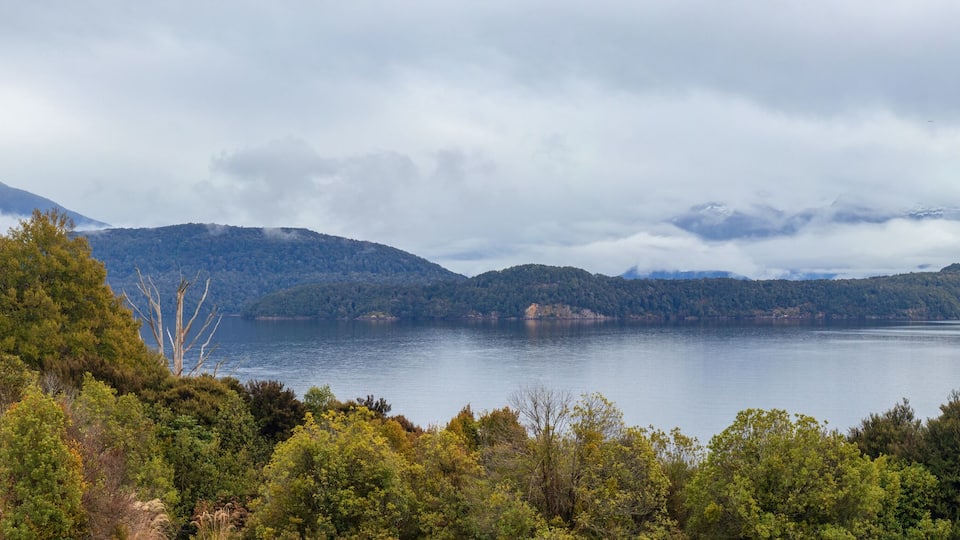 A lake surrounded by mountains and dense forest.