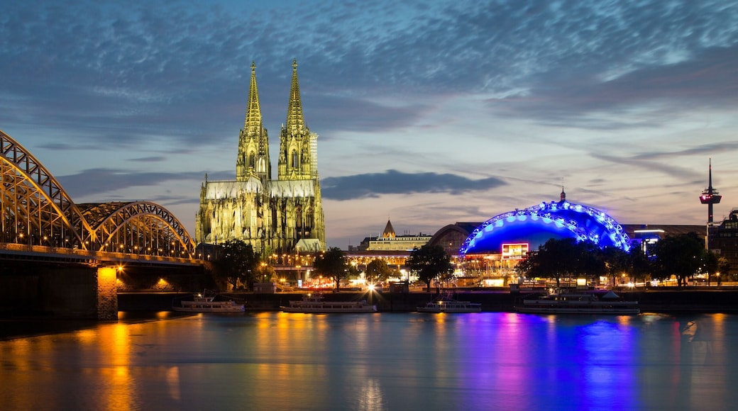 City-panorama of Cologne at dusk, Rhine, Hohenzollern Bridge, cathedral, the Musical Dome, Colonius TV tower, Cologne, North Rhine-Westphalia, Germany, Europe