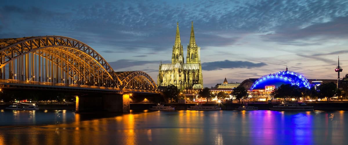 City-panorama of Cologne at dusk, Rhine, Hohenzollern Bridge, cathedral, the Musical Dome, Colonius TV tower, Cologne, North Rhine-Westphalia, Germany, Europe