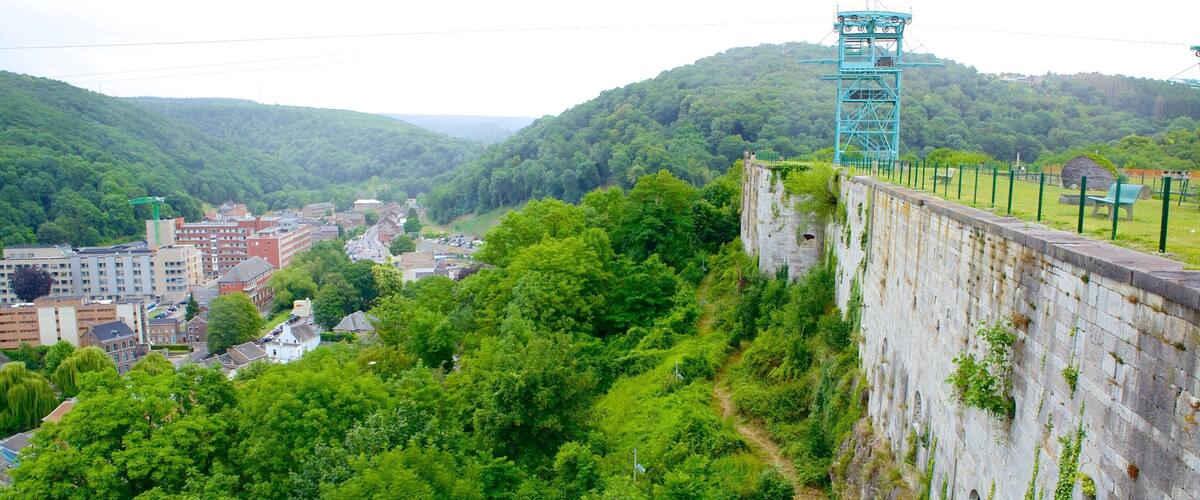 A lush green valley with a stone wall and a metal tower.