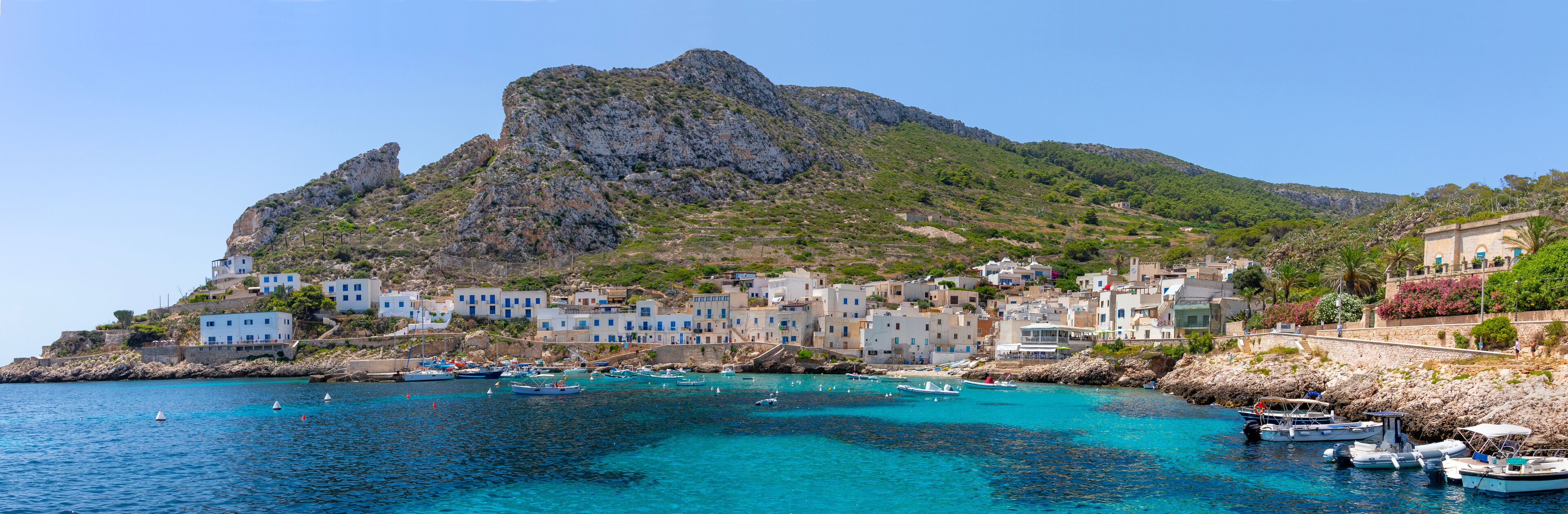 Panoramic view of Levanzo Island, Cala Dogana, Aegadian Islands, province of Trapani, Sicily, Italy