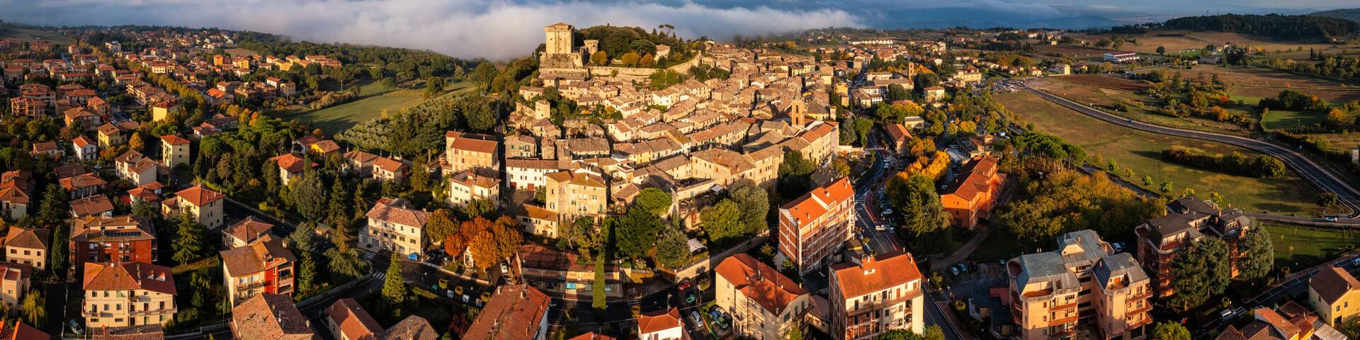 Sarteano village in Tuscany, Italy. Sarteano, the medieval castle at the top of the village. Siena, Tuscany, Italy.