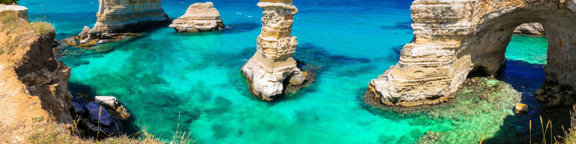 Puglia Torre di Sant Andrea Rock Tropical beach in Salento Italy. Mediterranean Aesthetics. Turquoise Sea and Faraglioni near Otranto. 14K Ultra-High Resolution World Print