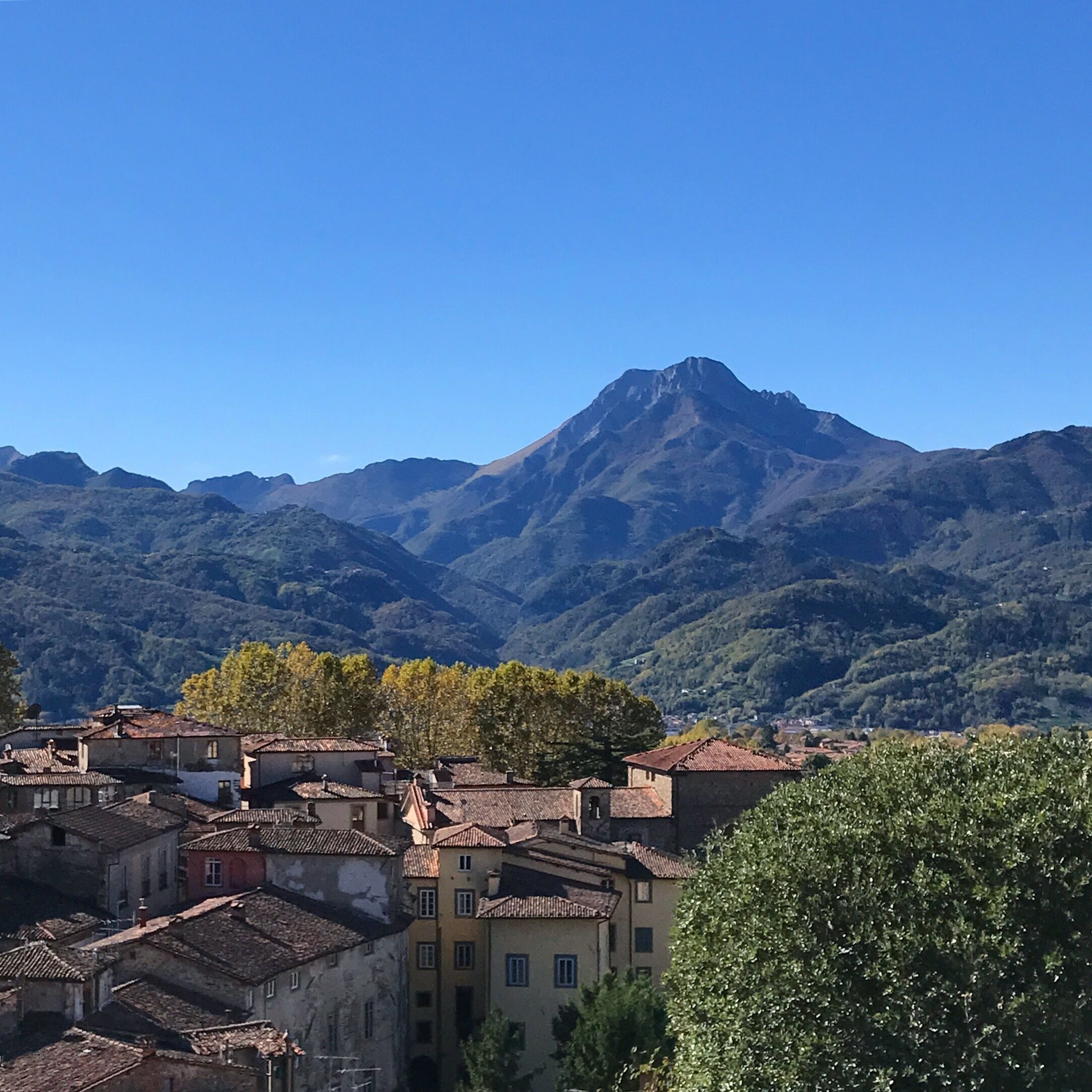 A town with traditional buildings and a mountain in the background.