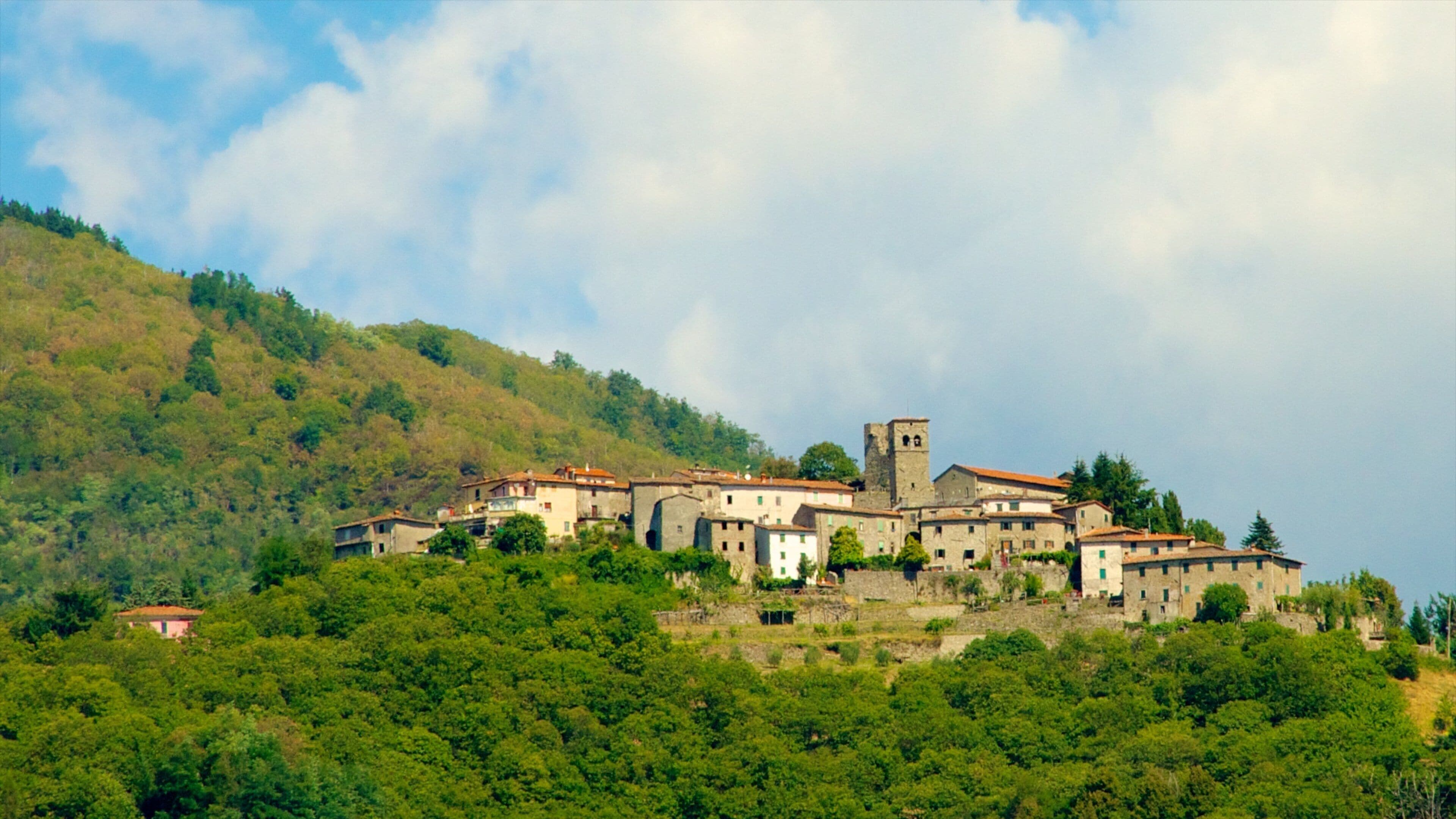 A historic town perched on a hillside with a prominent church tower.