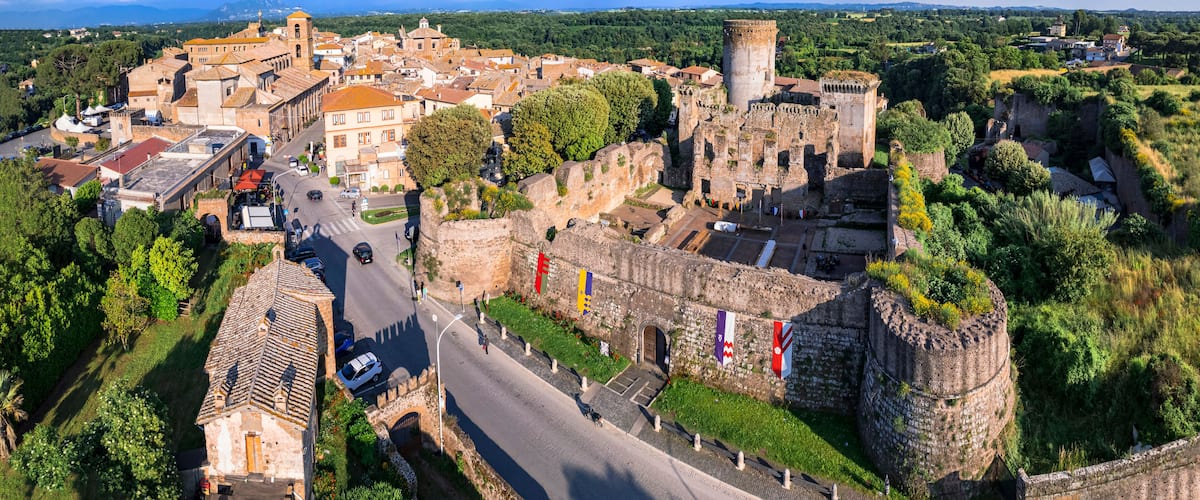 An aerial view of a historic town with medieval architecture, including a prominent castle and fortified walls.