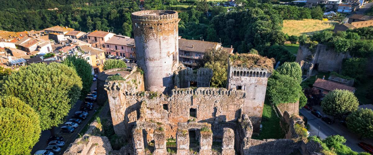 Italy travel and landmarks. Famous historic Etruscan city Nepi in Tuscia, Viterbo province. Popular tourist destination and attration. Aerial drone view of ruined castle Forte dei Borgia