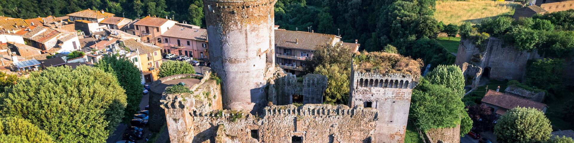 Italy travel and landmarks. Famous historic Etruscan city Nepi in Tuscia, Viterbo province. Popular tourist destination and attration. Aerial drone view of ruined castle Forte dei Borgia