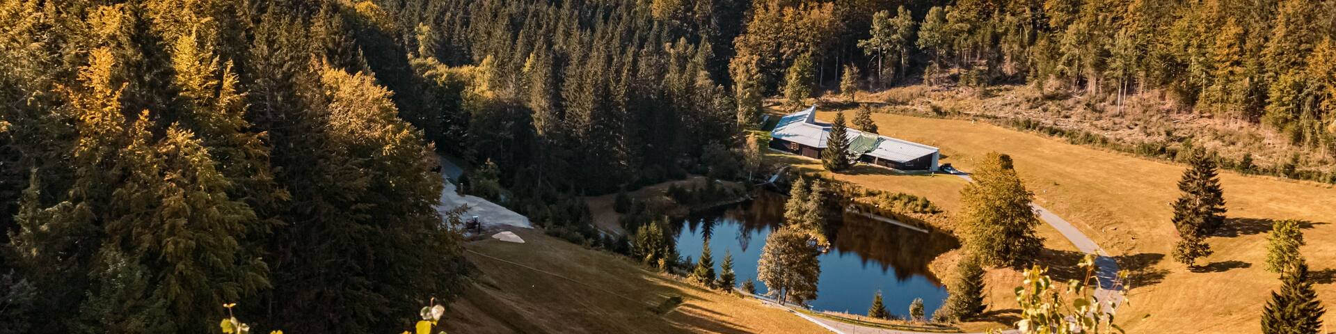 A mountainous landscape with a lake, a house, and a forest.