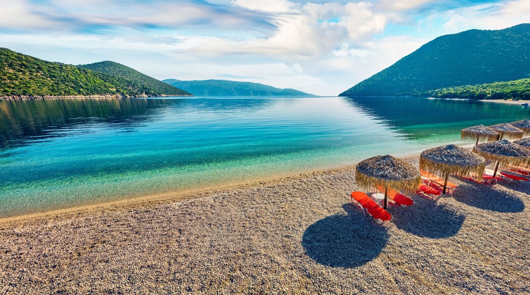 Panoramic morning view of Antisamos Beach. Bright spring seascape of Ionian Sea. Splendid outdoor scene of Kefalonia island, Sami town location, Greece, Europe. Traveling concept background.