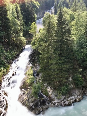 Una cascata che si getta in una gola boscosa, tra alberi fitti e terreno roccioso.