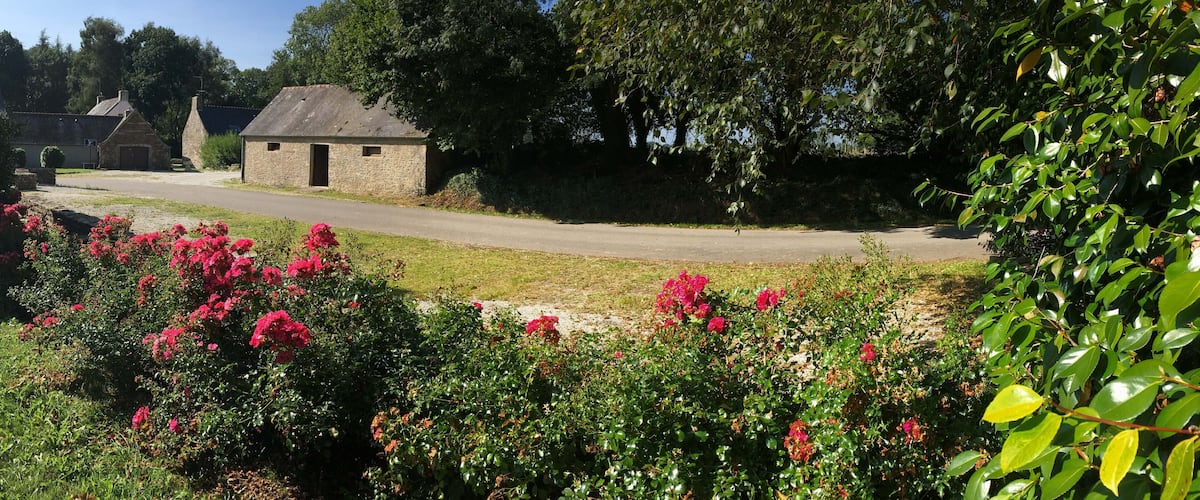 A rural road with stone buildings, lush greenery, and vibrant pink flowers.