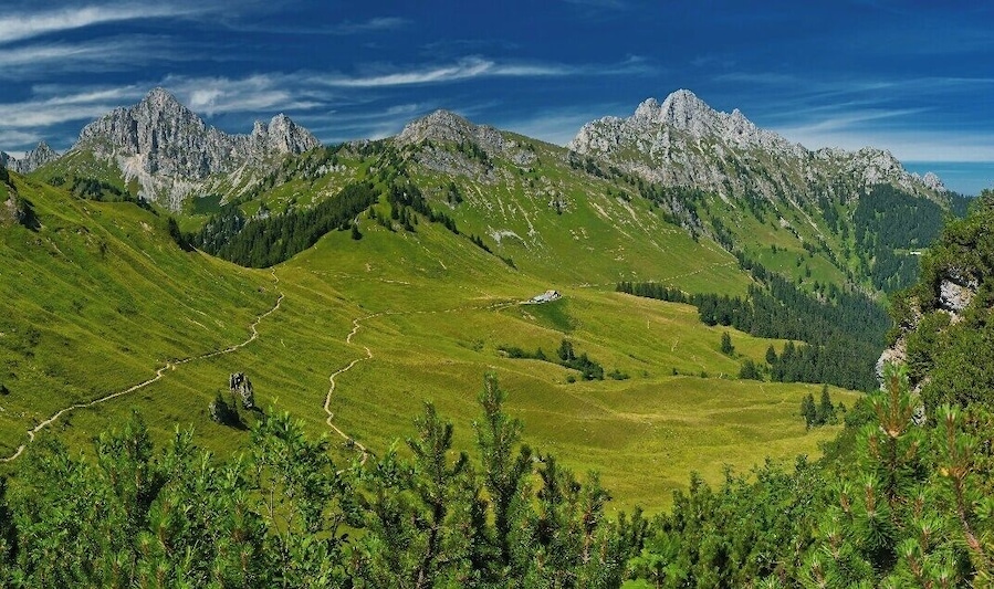 A mountainous landscape with a winding path, dense forests, and rugged peaks.