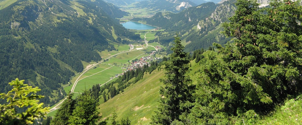 A mountainous landscape with a lake, forested areas, and a small village.