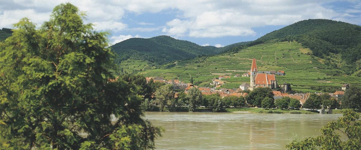 A river with a town and mountains in the background.