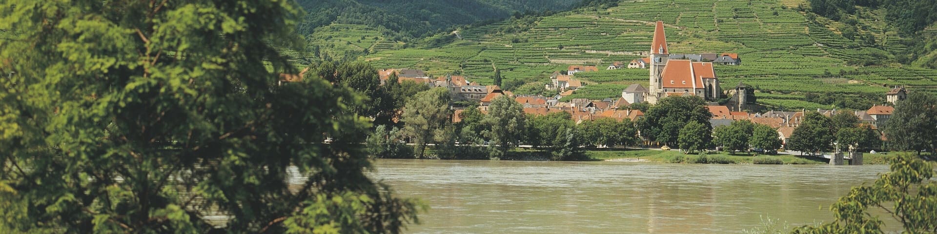 A river with a town and mountains in the background.