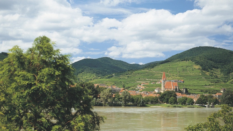 Un río con un pueblo y montañas al fondo.