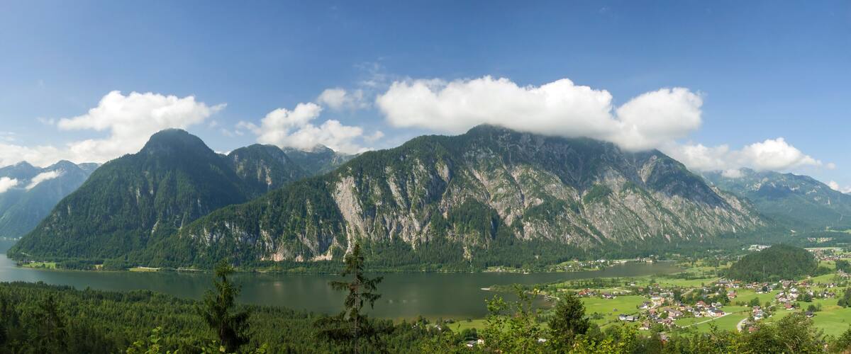 A mountainous landscape with a lake and a small village.