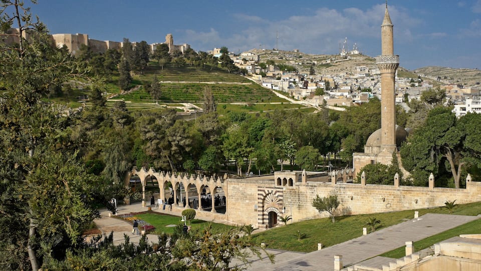 A historic cityscape with a prominent tower, lush greenery, and a fortified wall.