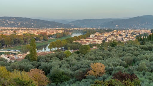 Scenic view of the sunset over Florence and the Tuscan countryside from the top of a hill.