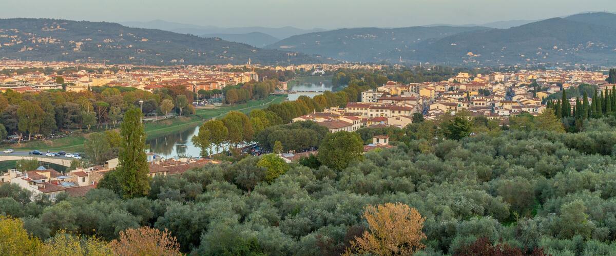 A cityscape with a river, mountains, and dense vegetation.