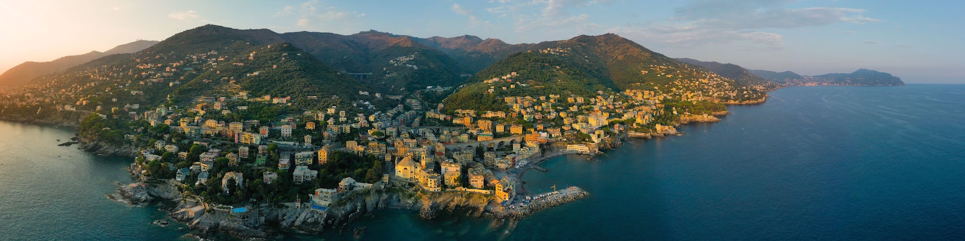 Coast of Liguria. Mediterranean Sea. Bogliasco village at sunset, Italy.