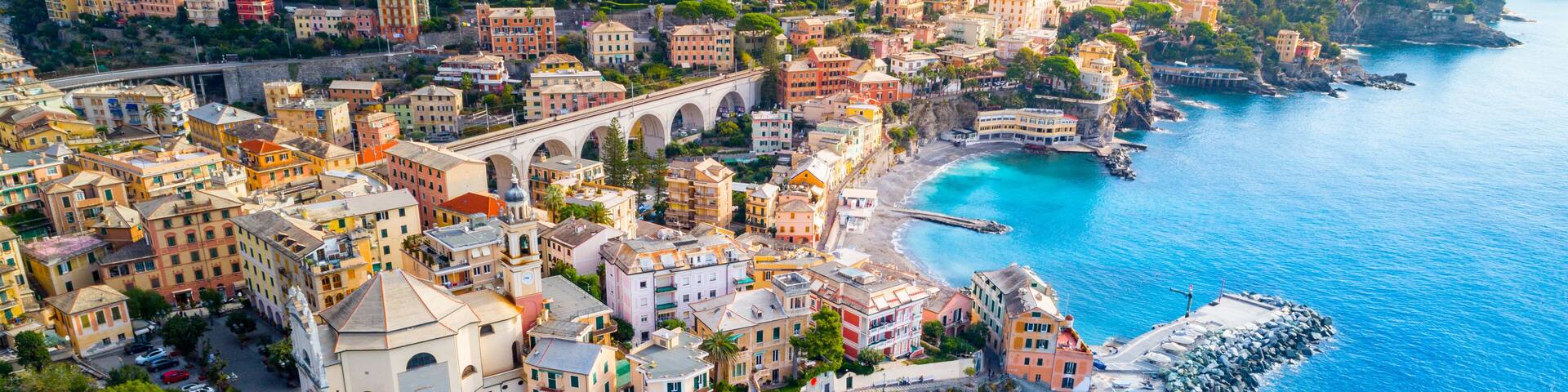 View of Bogliasco. Bogliasco is a ancient fishing village in Italy, Genoa, Liguria. Mediterranean Sea, sandy beach and architecture of Bogliasco town.