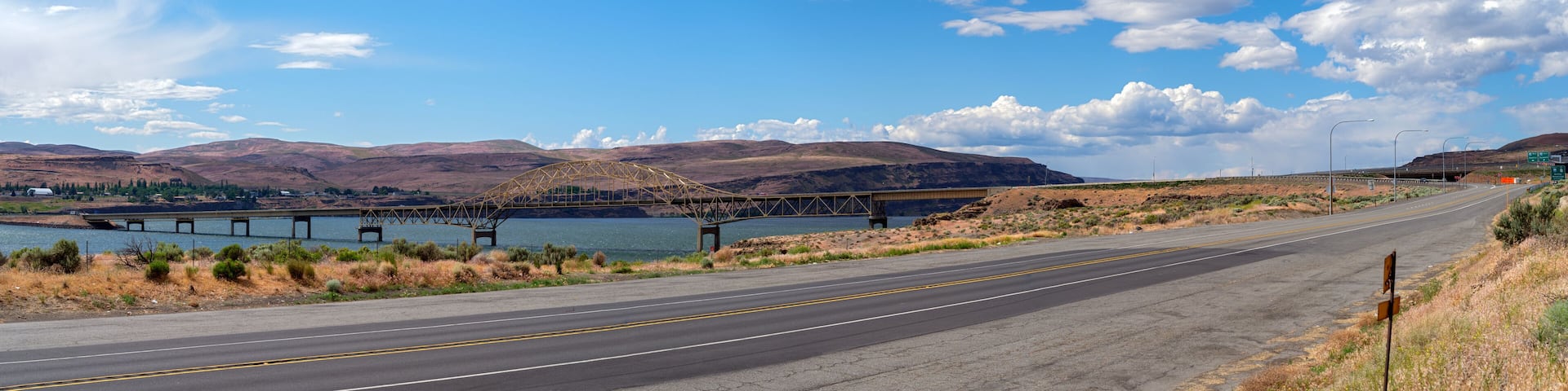Panorama of the Vantage Bridge over the Columbia River in the Palouse region of central Washington, USA