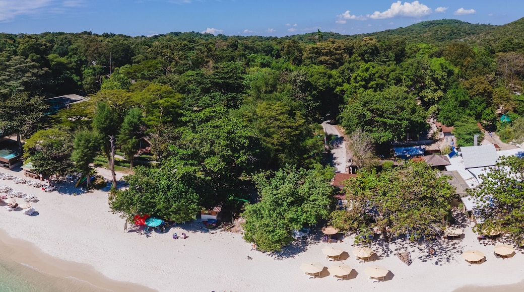 Koh Samet Island Thailand, aerial drone view from above at the Samed Island in Thailand with a turqouse colored ocean and a white tropical beach from above drone view panorama