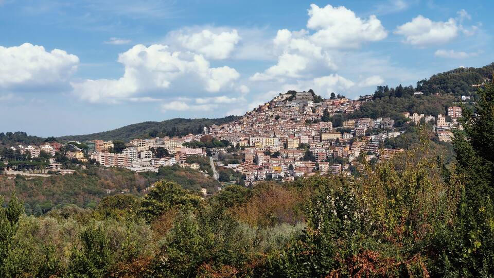 A hillside town with dense buildings and a prominent castle on top.