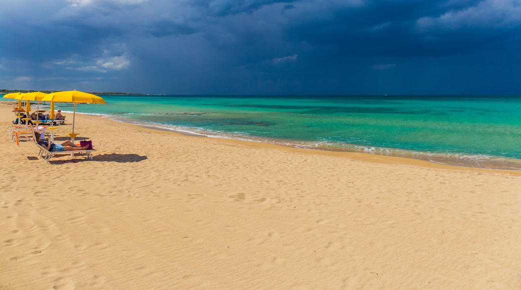 Une plage avec des parasols jaunes et des chaises longues, un ciel dégagé et une eau turquoise.