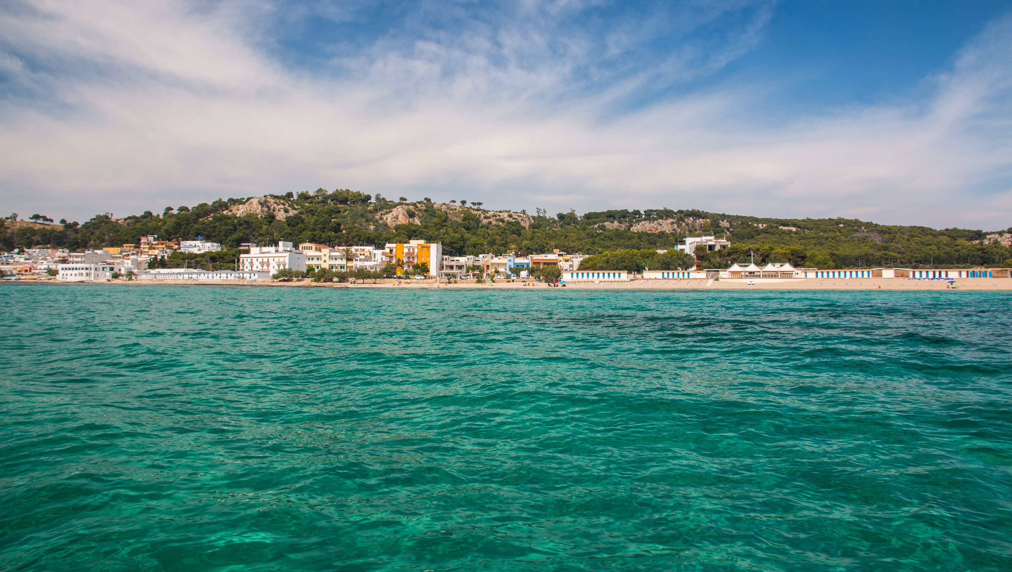 A coastal town with buildings along the shore, a beach, and a hill with trees in the background.
