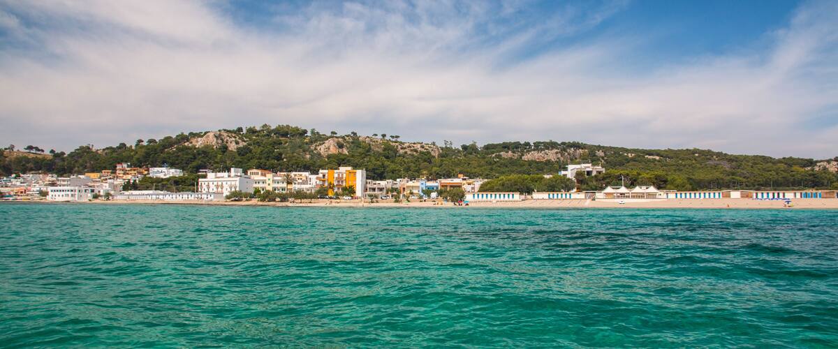 A coastal town with buildings along the shore, a beach, and a hill with trees in the background.
