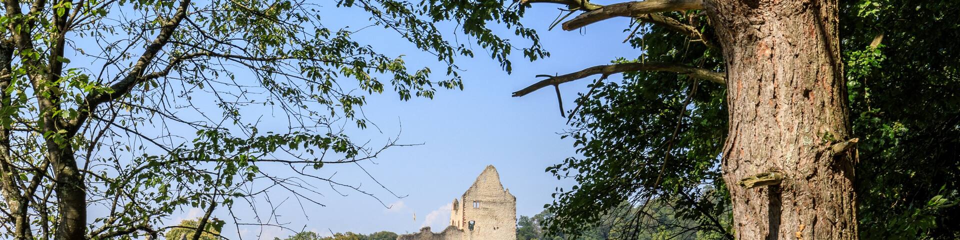 A historic stone tower amidst lush greenery, with a village in the background.