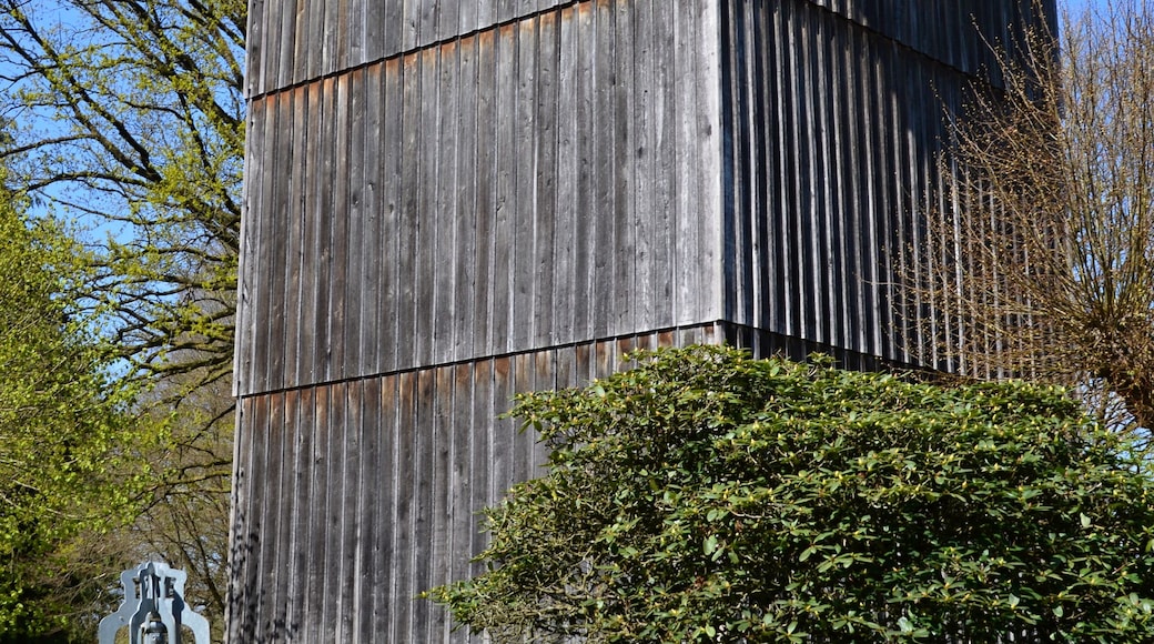 Une tour d’horloge en bois, avec un toit rouge et deux horloges sur ses côtés.