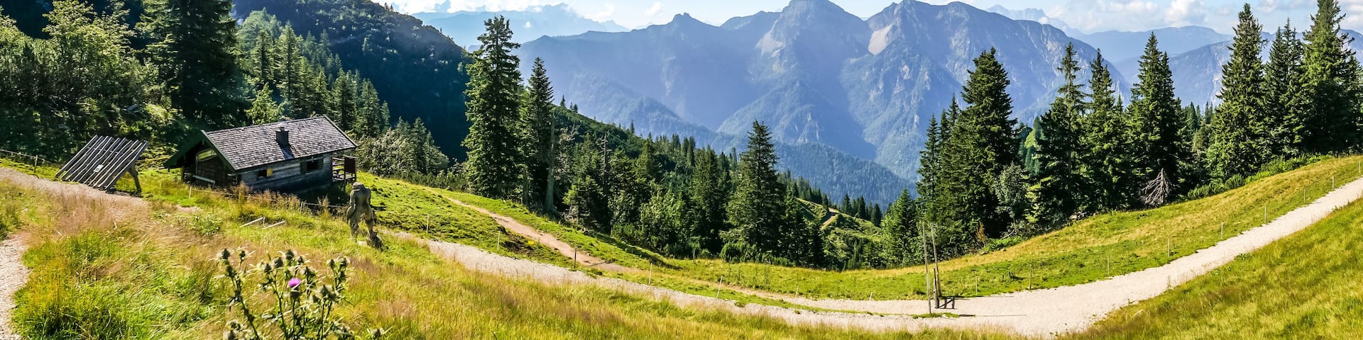 A mountain landscape with a cabin, a dirt path, and dense forest.
