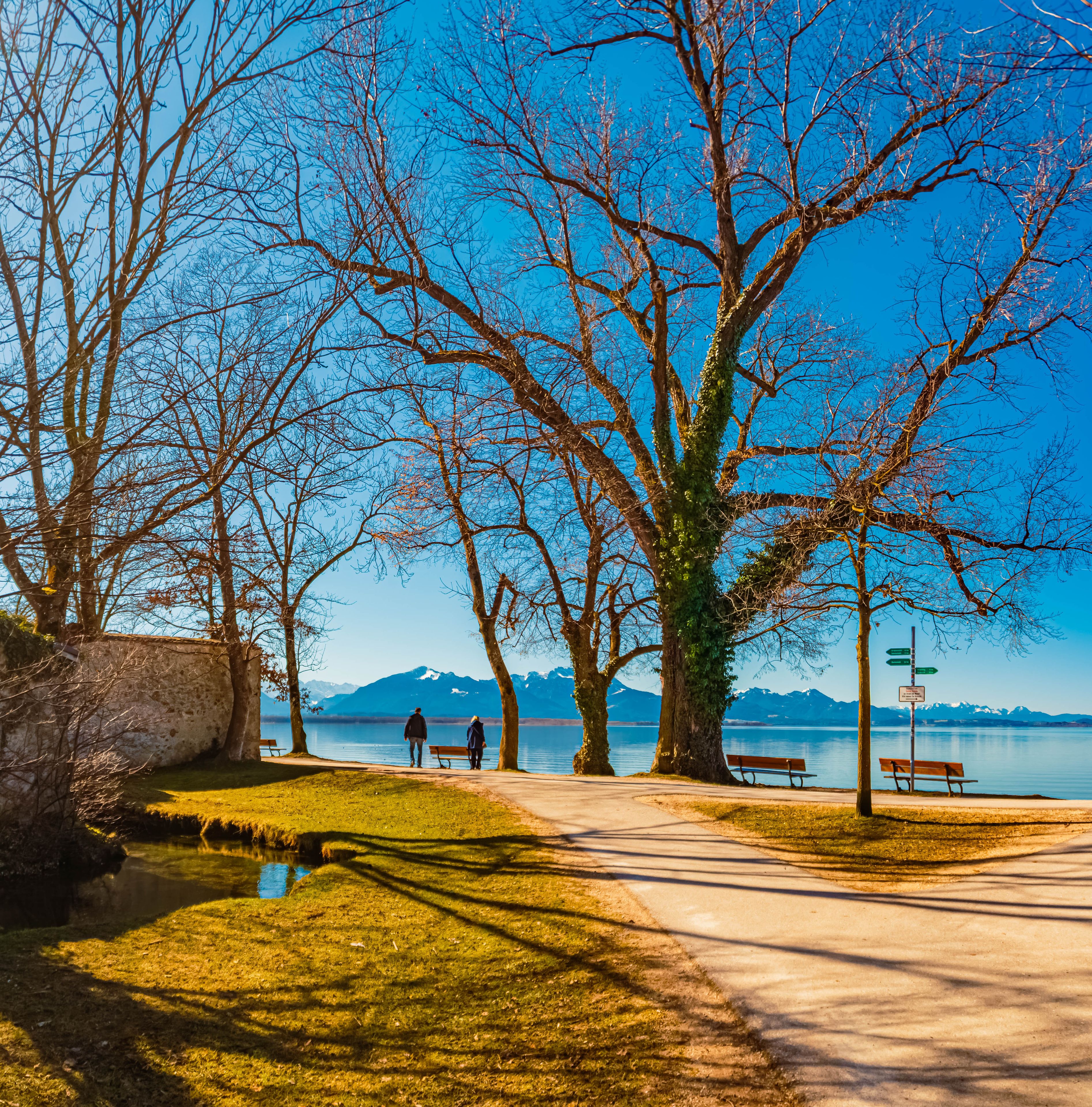 Alpine winter view at Lake Chiemsee, Chieming, Chiemgau, Traunstein, Bavaria, Germany