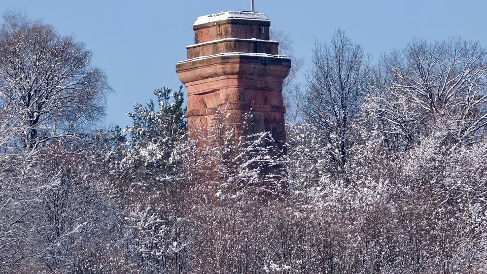 A snow-covered tower amidst a forest.