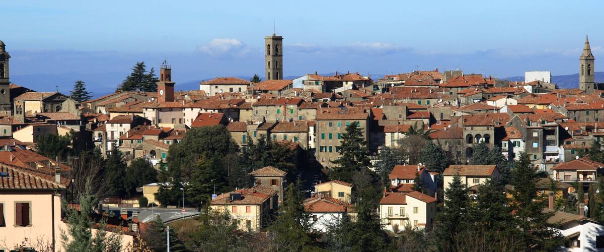 A densely packed town with historic buildings and prominent towers.