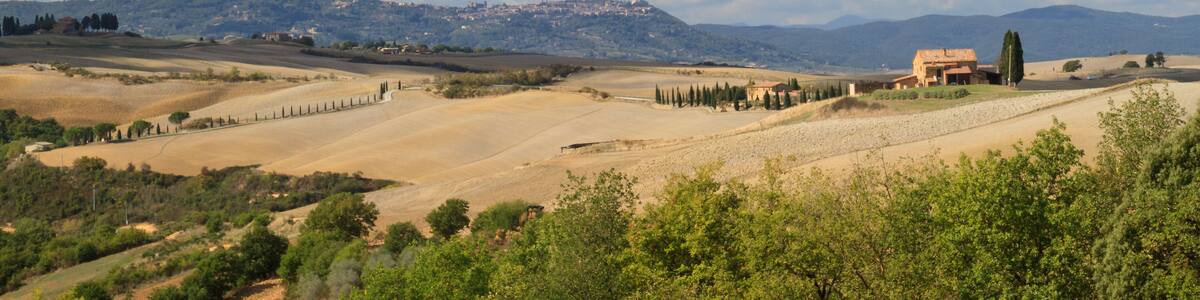 Tuscan landscape with hill, house and cypress in Val d'Orcia, Siena, Tuscany, Italy