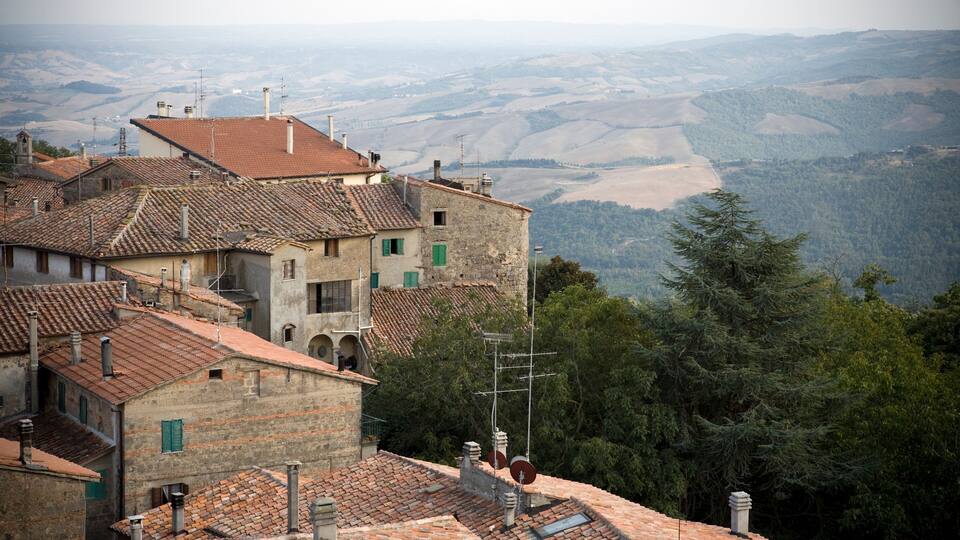 A hillside village with terracotta-roofed buildings, a prominent church, and a view of rolling hills and forests.