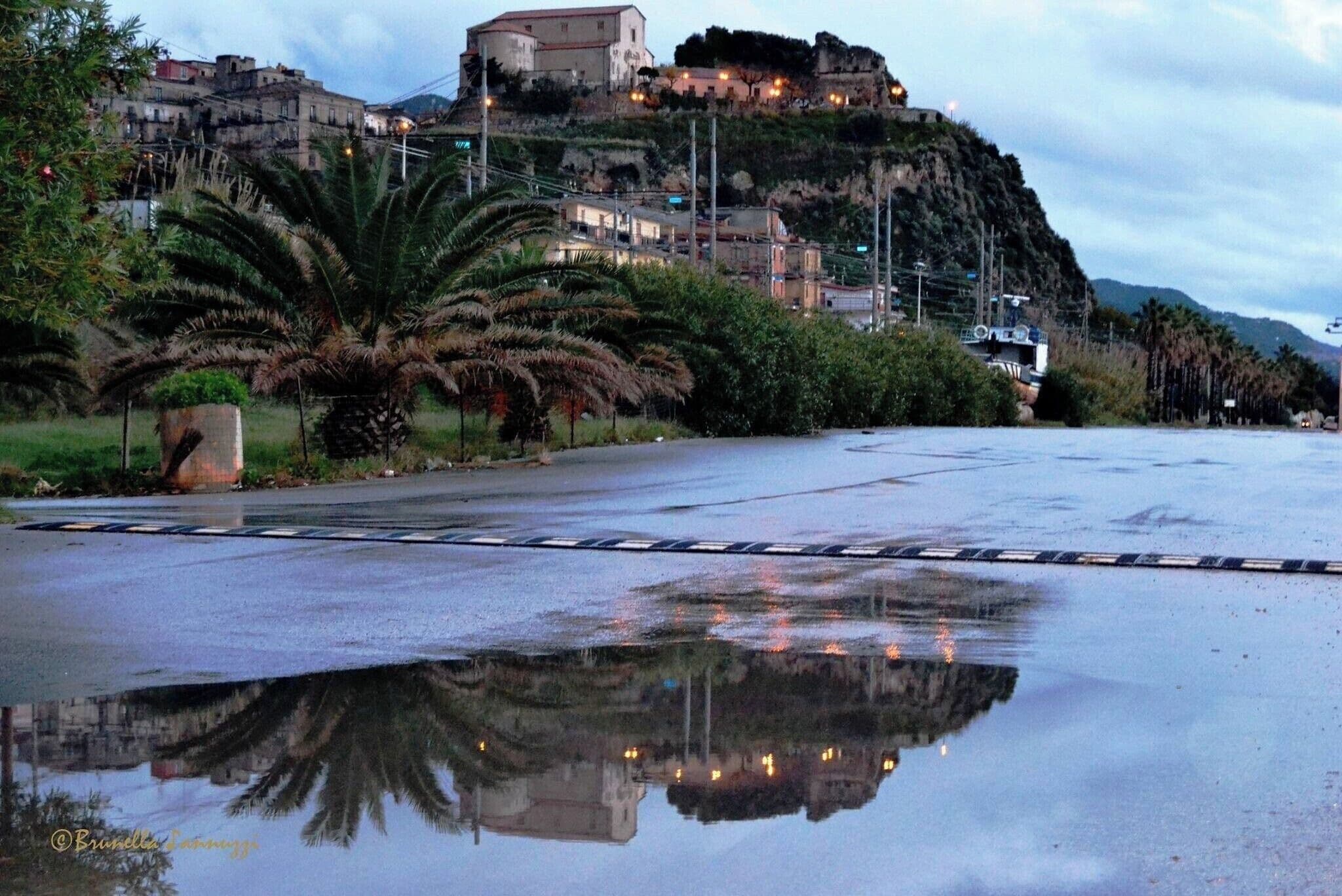 A coastal road with a wet surface reflecting palm trees and buildings, leading to a hilltop structure with lights.