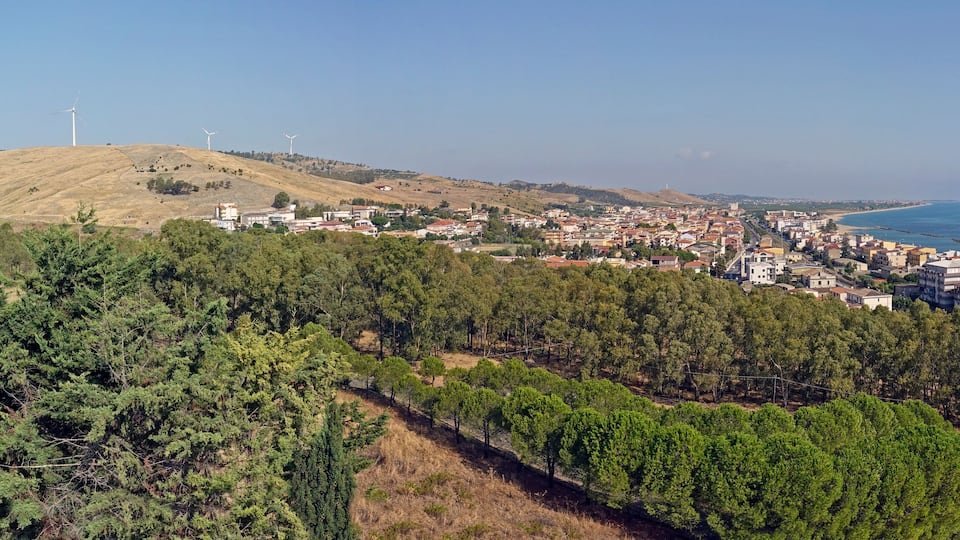 A coastal town with wind turbines on a hill, dense forest, and a beach.
