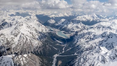 aerial landscape with San Giacomo and Cancano lakes in Valdidentro valley, Italy