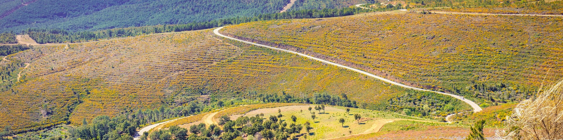 Beautiful panoramic mountain landscape. View from mount of valley and mountains. Picturesque landscape in Valverde Del Fresno, Cáceres, Spain