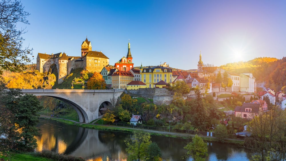 Colorful town Loket in autumn over Eger river in the Sokolov District in the Karlovy Vary region of the Czech Republic