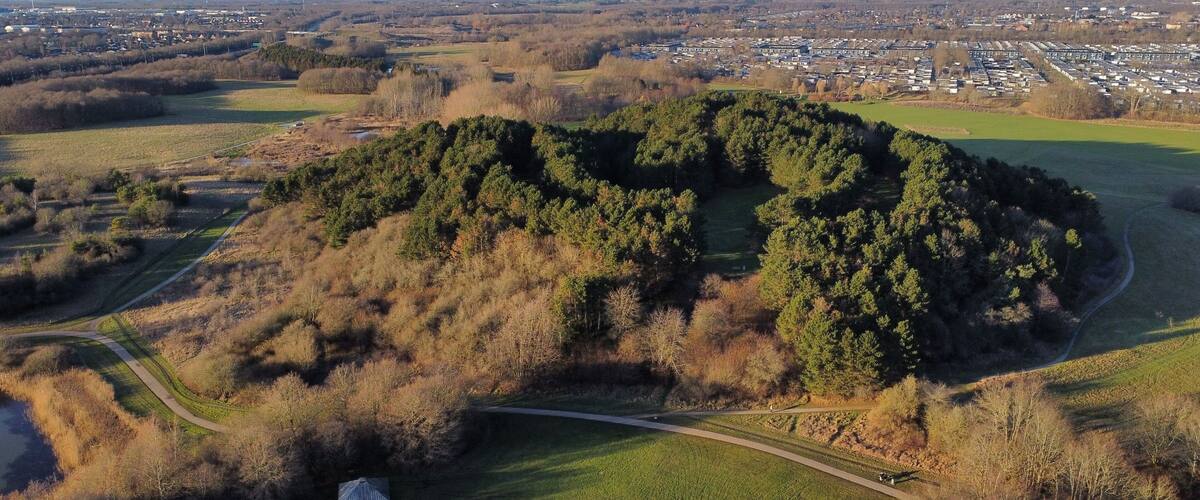 An aerial view of a forested hill with a small building, surrounded by open fields and a distant town.