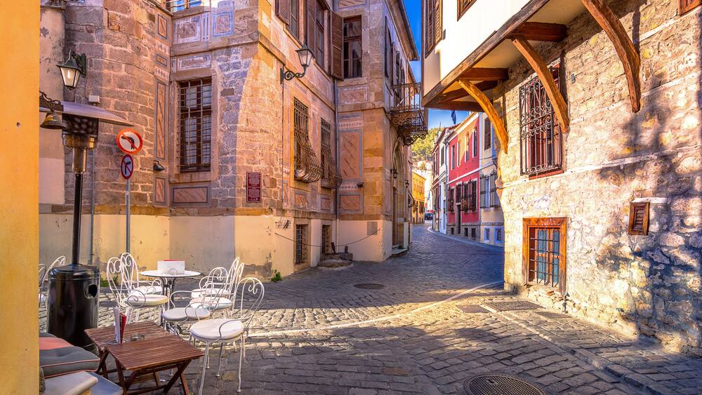 Picturesque narrow street and buildings in the old town of Xanthi, Greece.