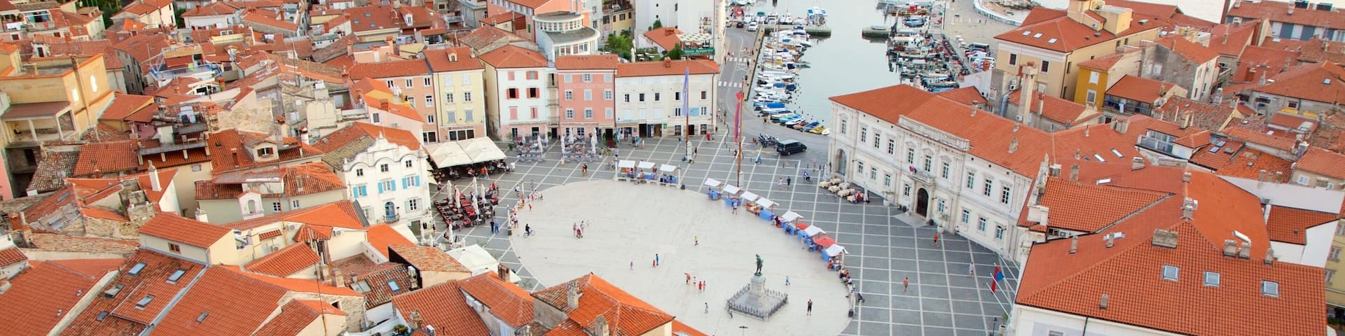 A coastal town with red-tiled roofs, a central square, and a marina with boats.